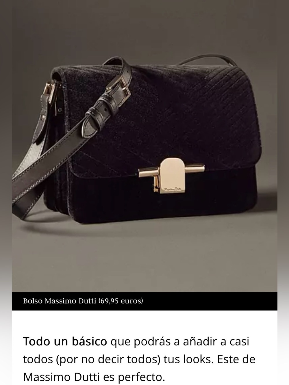 Massimo Dutti Black Velvet Messenger Bag w Diagonal Striped Quilting-Gently Used